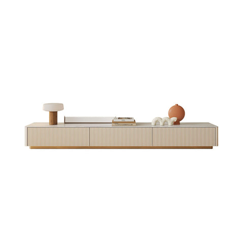 Abigail stylish tv stand with beige sintered stone finish and warm wood base featuring vertical grain detailing