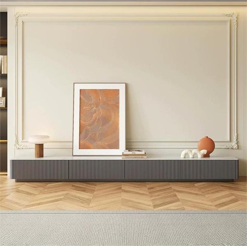 Modern gray ribbed media console abigail stylish tv stand in cream sintered stone with sleek minimalist design