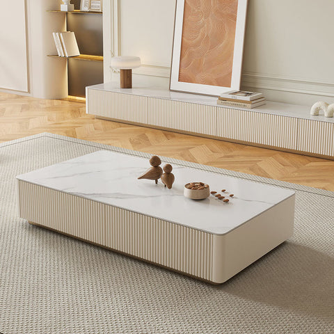 Modern rectangular coffee table with white marble top and beige ribbed sides in abigail stylish sintered stone tv stand cream