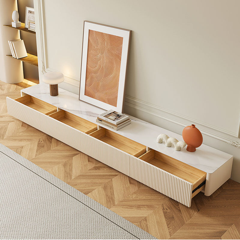 Modern white marble-top abigail stylish tv stand with sintered stone surface and light wood drawer interiors