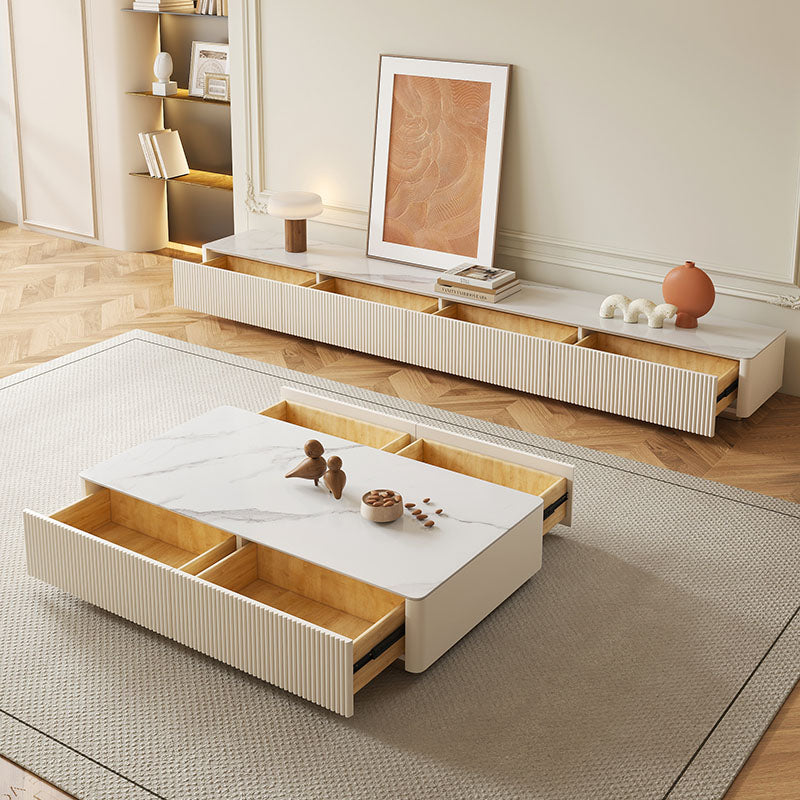 Abigail stylish tv stand with sintered stone cream surface beige ribbed sides and wooden interior drawers