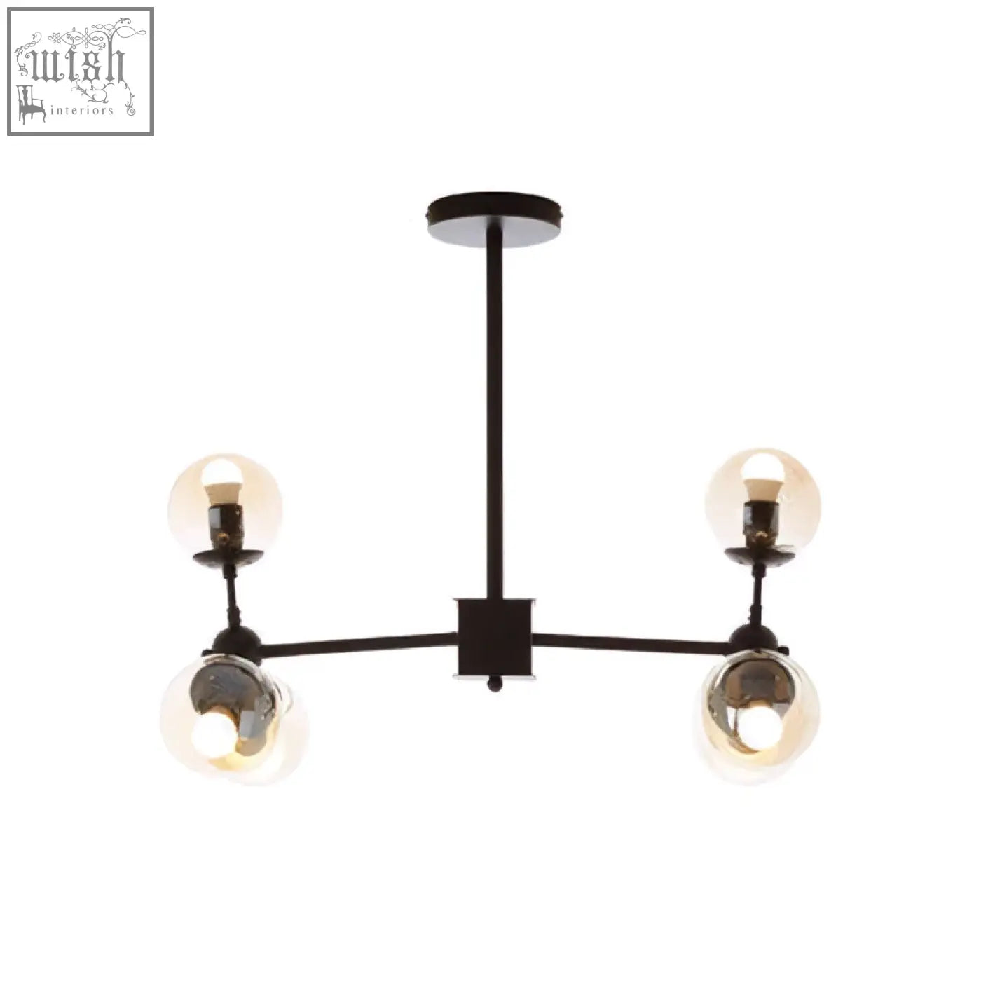Matte black pendant light with six arms and four spherical glass globe shades in a sleek black metal design