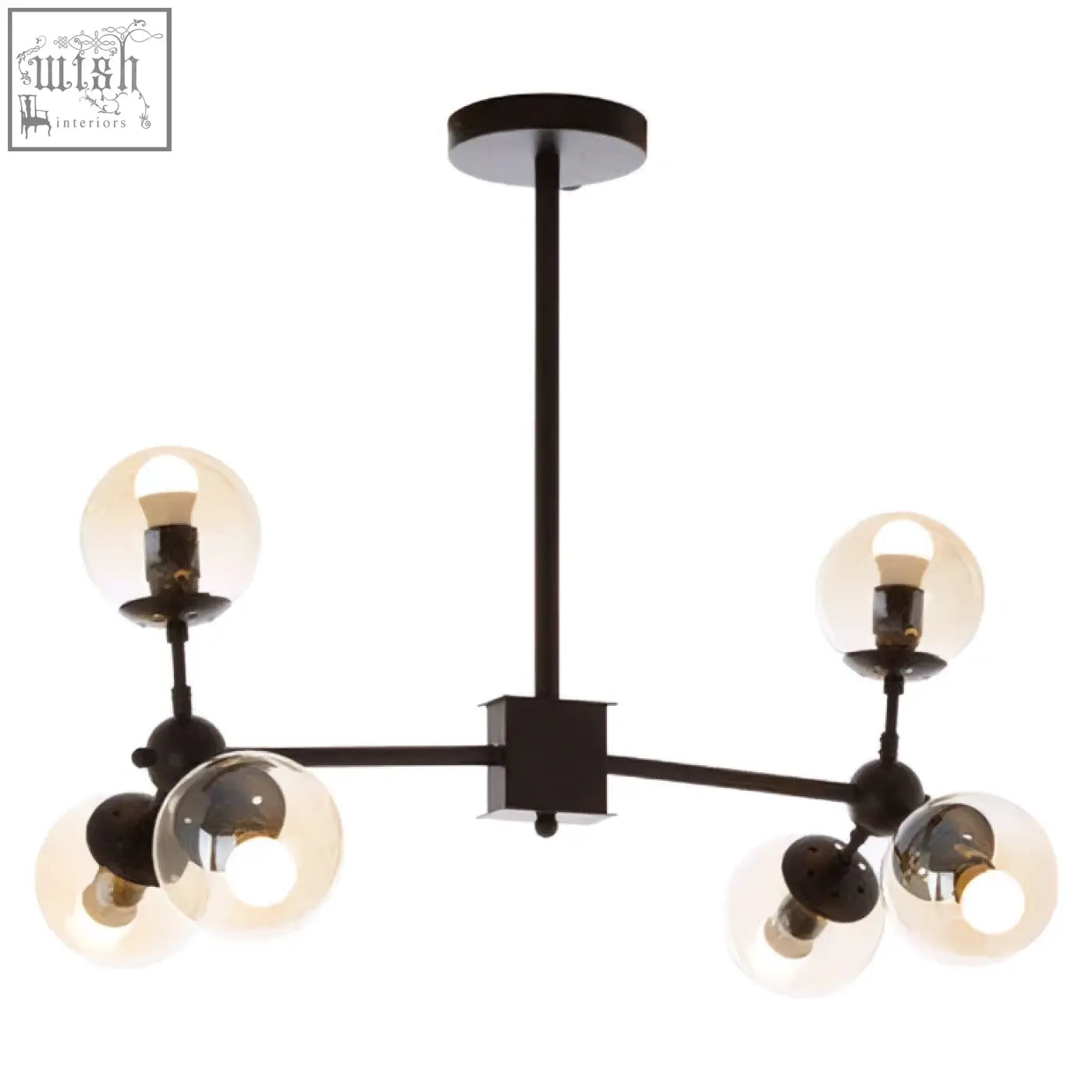 Black metal chandelier with six exposed bulbs and clear glass globe shades in a matte black pendant light design