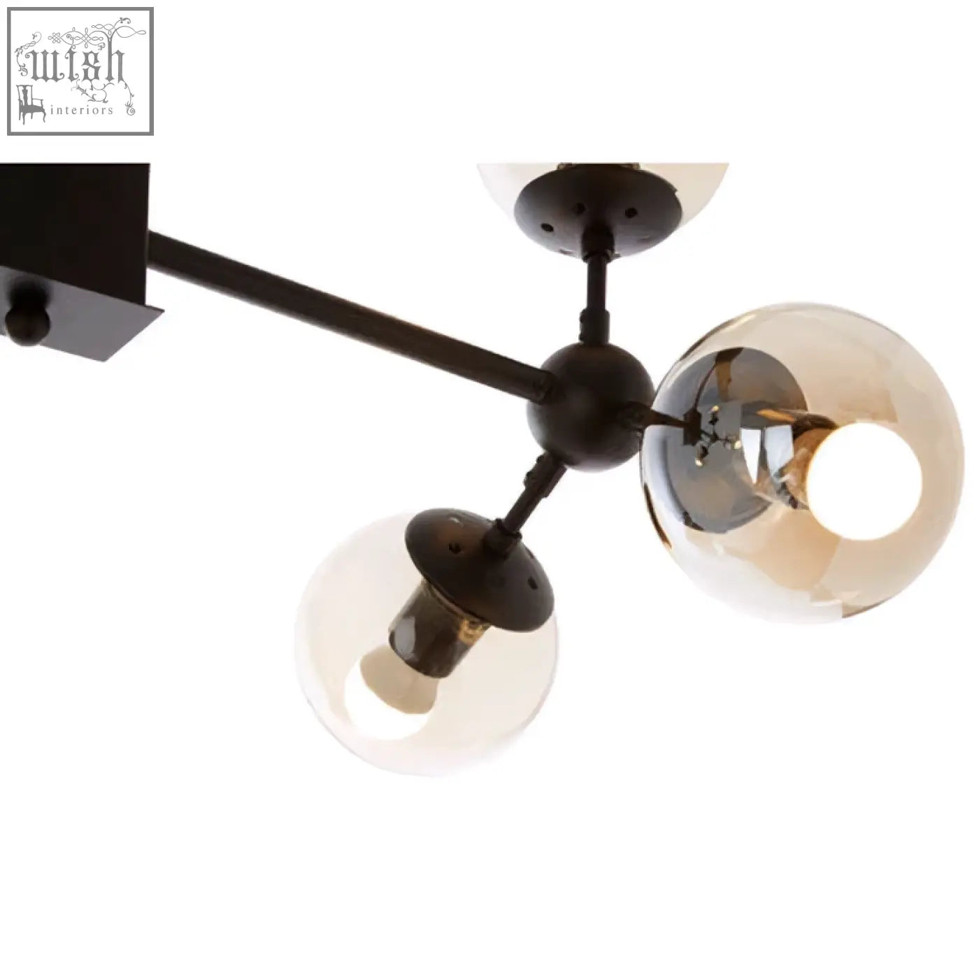 Matte black pendant light with six arms and three spherical glass globe shades perfect for modern spaces