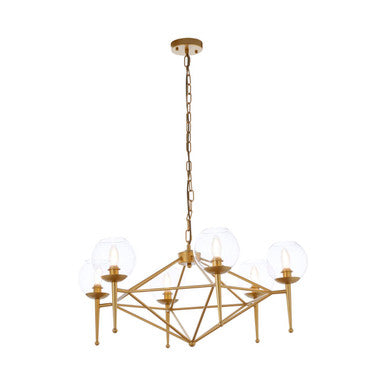 Gold finished abira 6 bulb geo pendant light with clear glass globe shades and geometric design