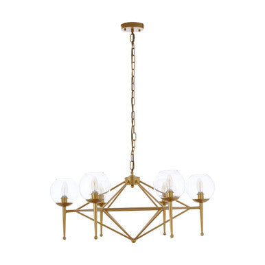 Gold finished Abira 6 bulb geo pendant light with six clear glass globe shades for modern lighting decor