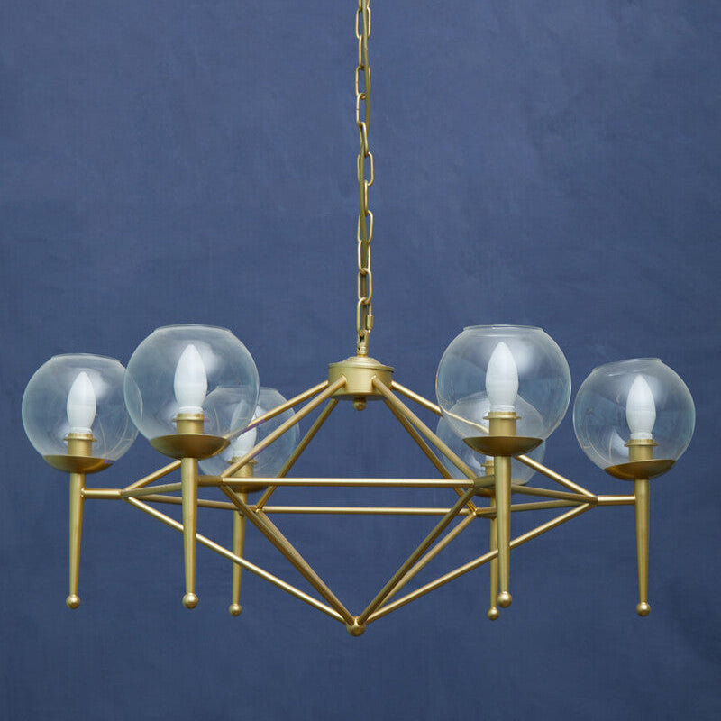 Gold-toned abira 6 bulb geo pendant light with clear glass globe shades and exposed bulbs perfect as a bulb geo pendant