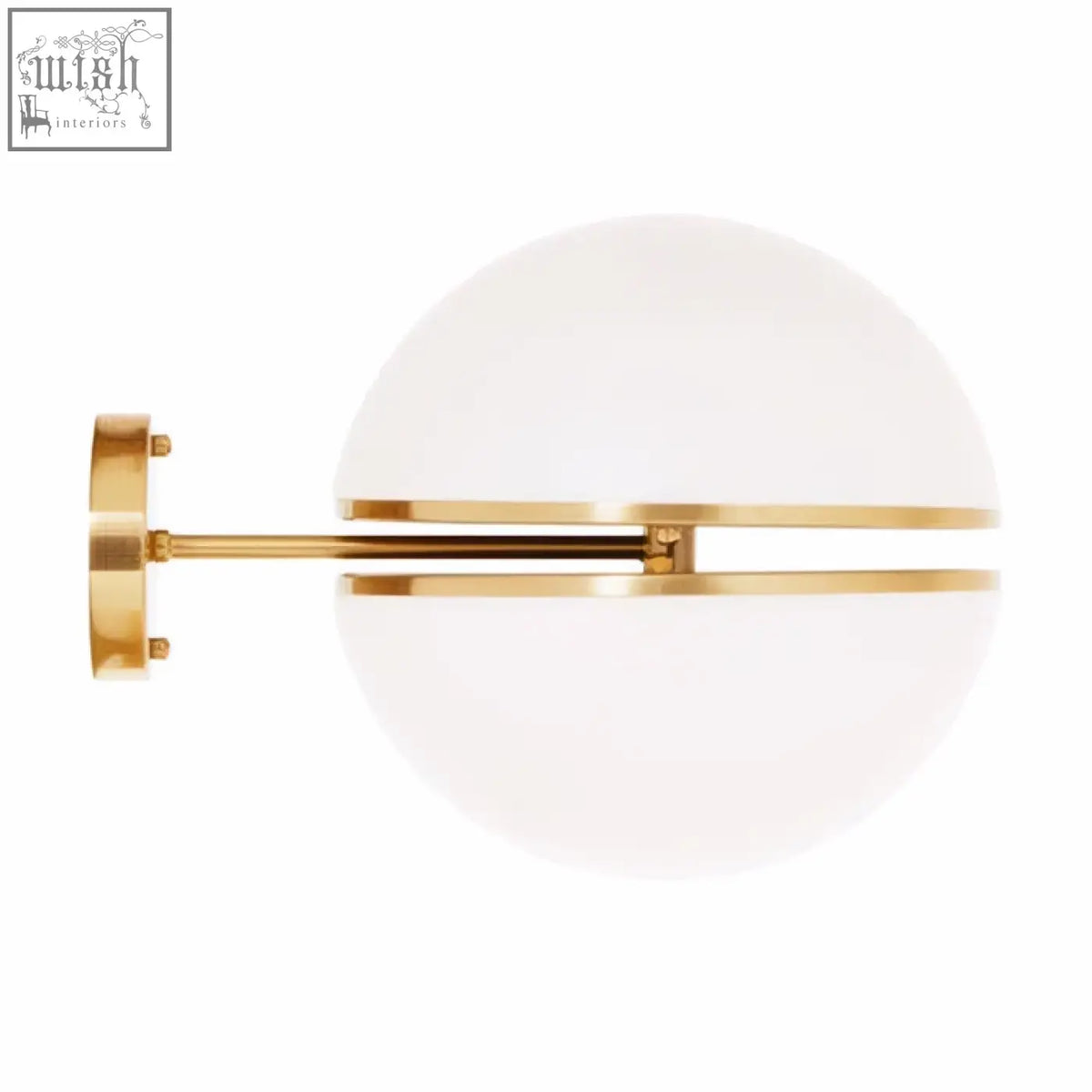 Abira brushed brass ball wall light features a gold-toned brass wall sconce with frosted white glass shade and minimalist bars
