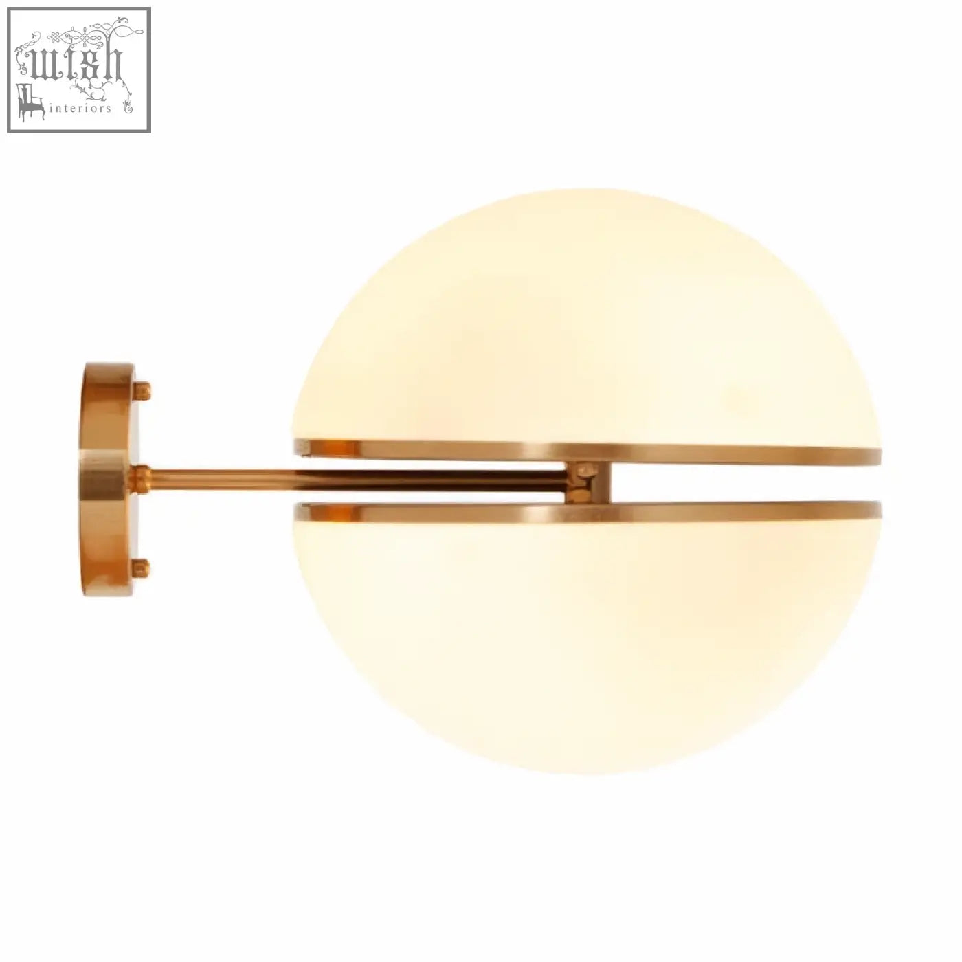 Abira brushed brass ball wall light with sleek modern brass wall design and two opal glass spheres