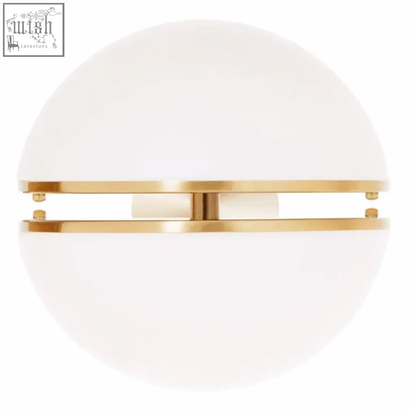 Abira brushed brass ball wall light with a sleek frosted white glass globe and elegant brass wall accents