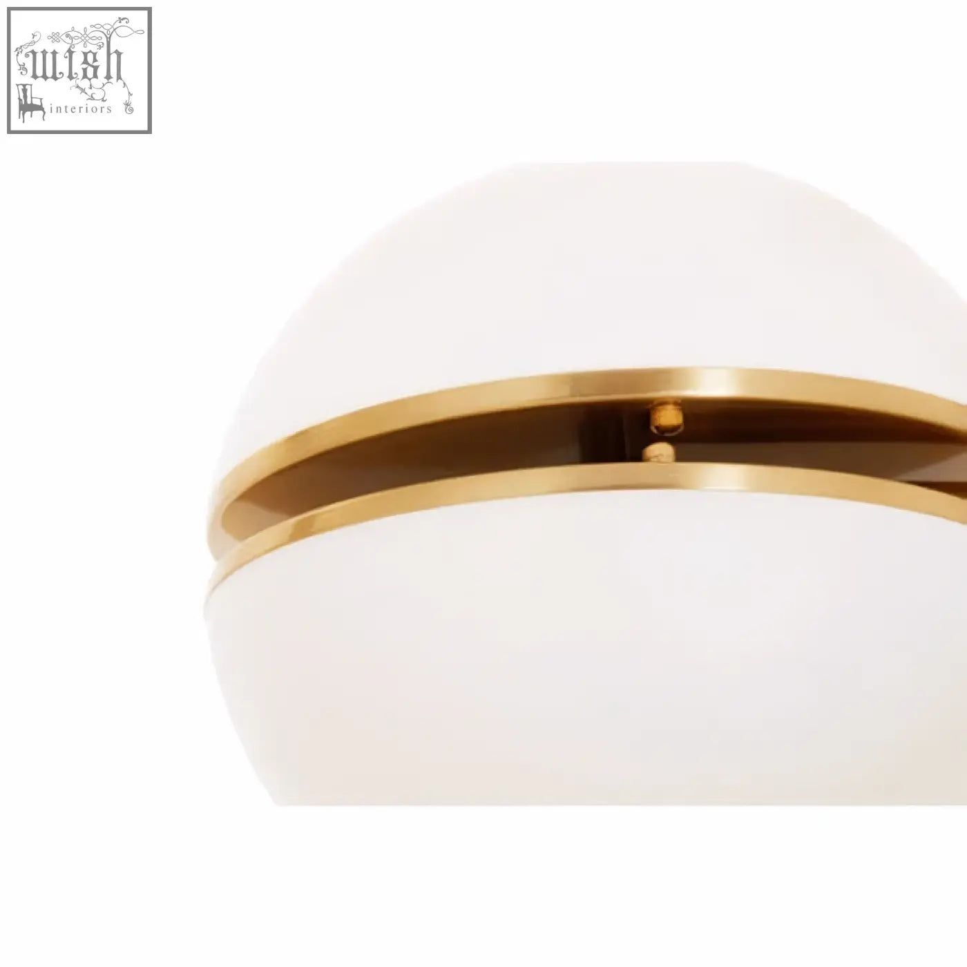 A sleek white opaline glass globe lamp with a polished brushed brass ring for a stylish brass wall light