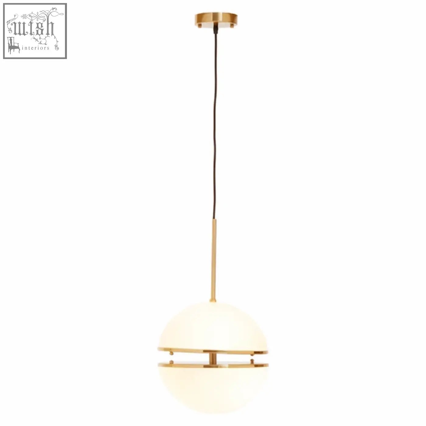 Abira brushed brass pendant light with a spherical frosted glass shade and thin brass rings encircling it