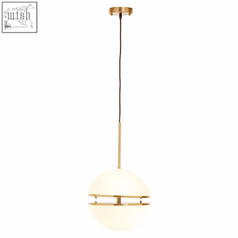 Abira brushed brass pendant light with a spherical frosted glass shade and thin brass rings encircling it