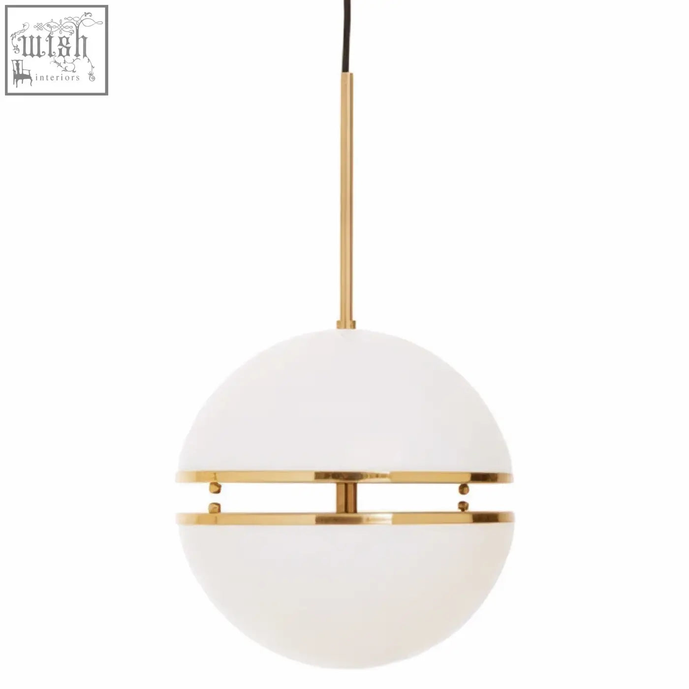 Abira brushed brass pendant light with a frosted white glass globe and elegant gold-toned metal bands brass pendant light