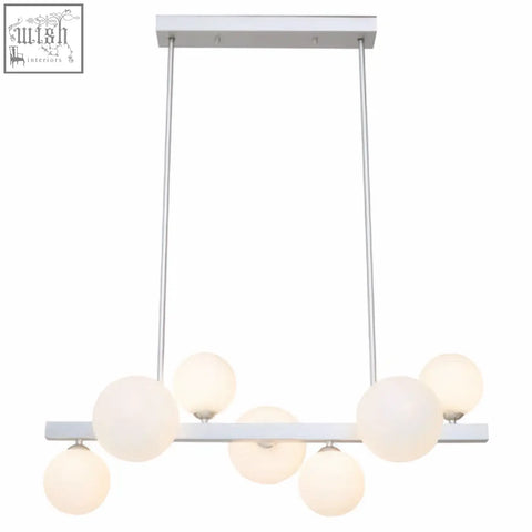 Modern abira chrome pendant lamp with 7 frosted glass globe bulbs in a sleek linear chrome pendant design