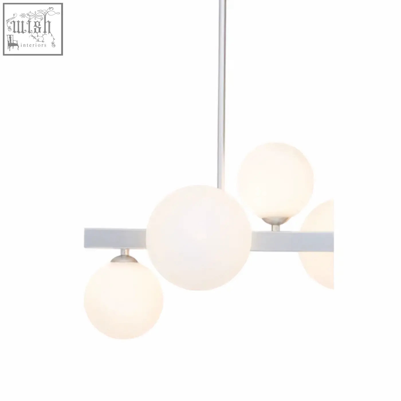 Modern minimalist abira chrome pendant lamp with sleek silver metal frame and five frosted glass globe bulbs