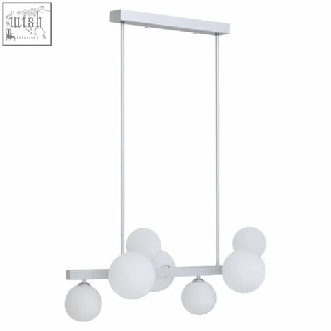Modern white pendant lamp with spherical glass globes and sleek chrome pendant frame for stylish lighting