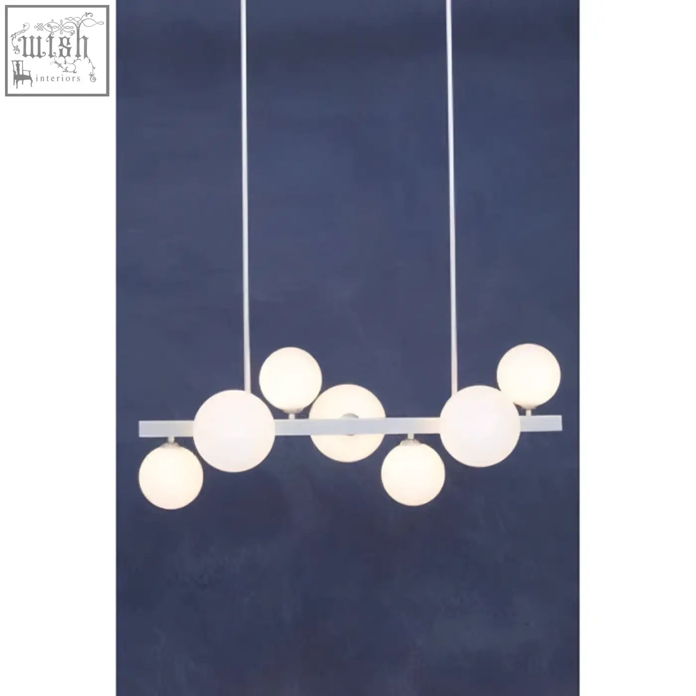 Modern white pendant lamp with spherical glass bulbs hanging from a sleek chrome pendant bar for stylish lighting