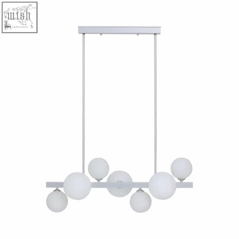 White modern abira chrome pendant lamp with 7 spherical glass globes and sleek metal frame for stylish lighting