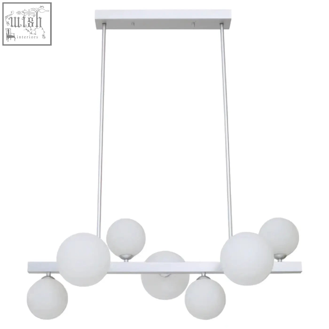 Abira chrome 7 light pendant lamp with white spherical globe and modern minimalist chrome pendant design
