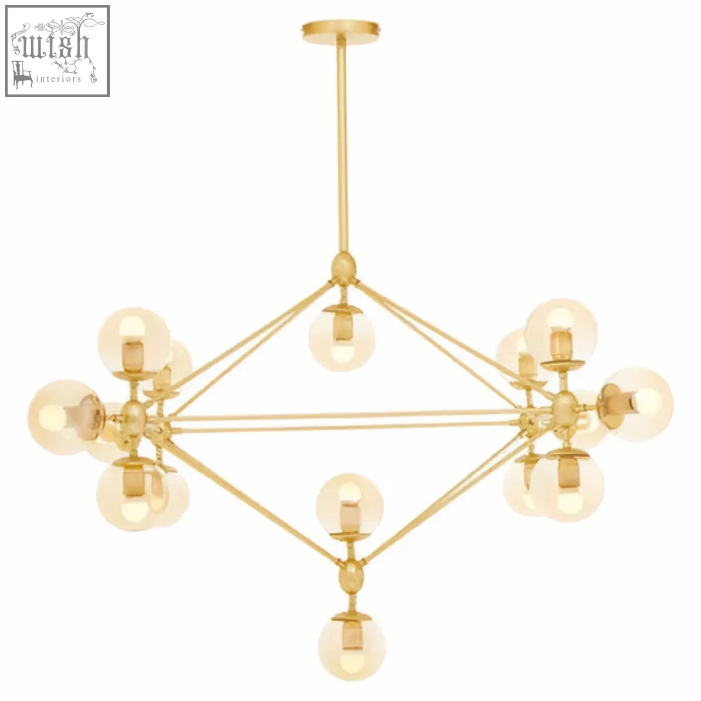 Abira fifteen arm gold finish pendant light with geometric design and multiple spherical glass globes arm pendant light