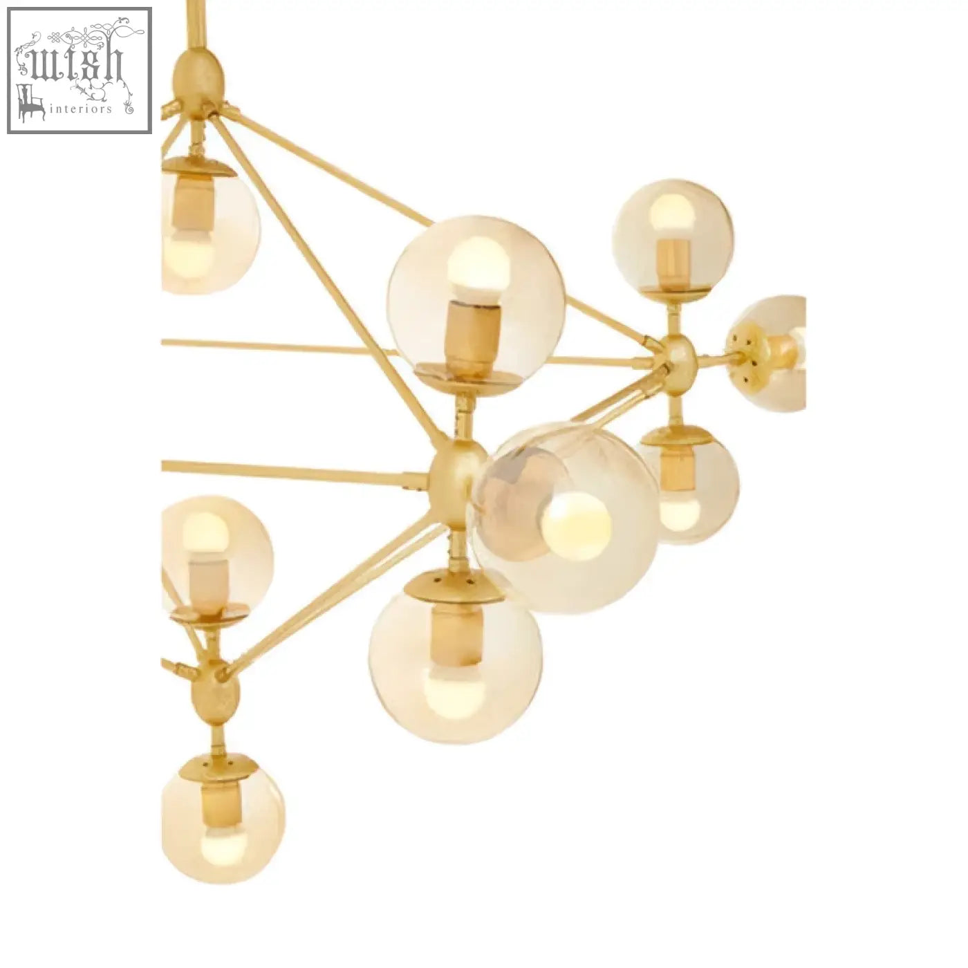 Abira fifteen arm gold finish pendant light with gold-toned geometric frame and clear glass globe bulbs arm pendant light
