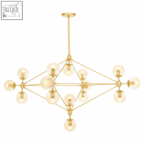 Abira fifteen arm gold finish pendant light with gold-toned geometric design and clear glass globe bulbs arm pendant light