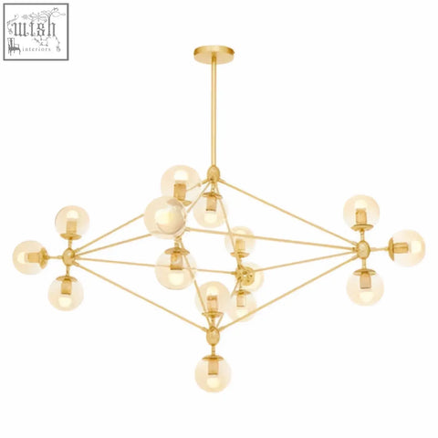 Gold-toned geometric arm pendant light with clear glass globe bulbs and brass frame abira fifteen arm pendant light