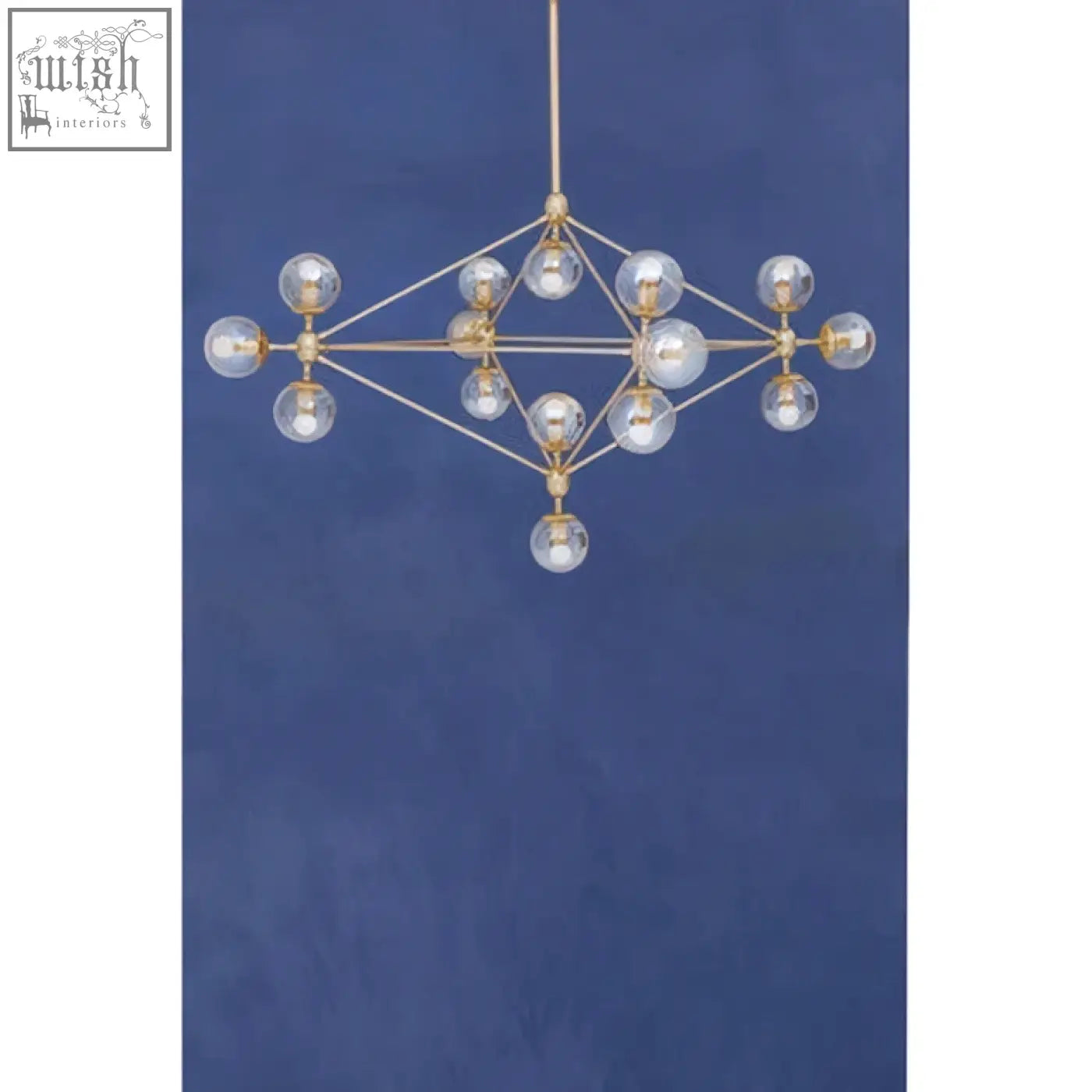 Abira fifteen arm gold finish pendant light with clear glass globe bulbs in a geometric arm pendant design