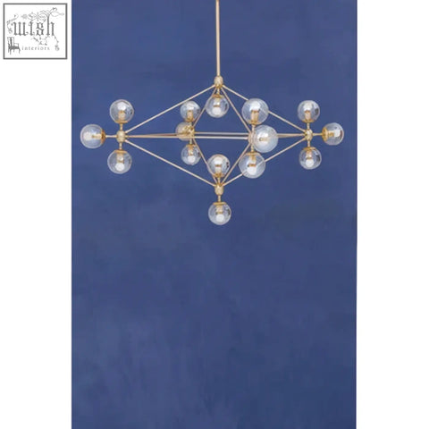 Abira fifteen arm gold finish pendant light with clear glass globe bulbs in a geometric arm pendant design
