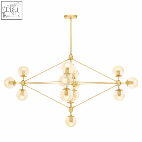 Gold-toned geometric arm pendant light with fifteen clear glass globe bulbs abira fifteen arm gold finish pendant light