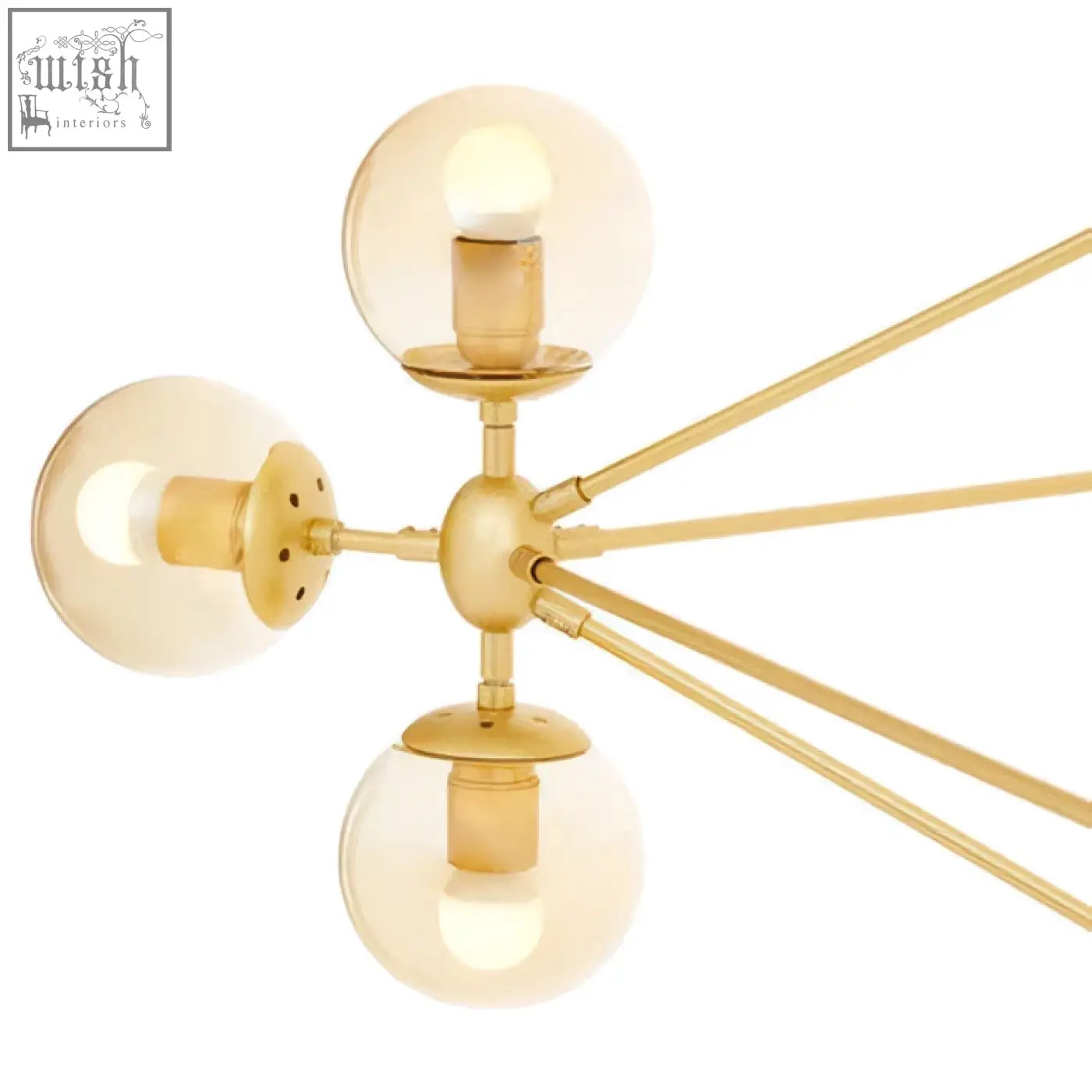 Abira fifteen arm gold finish pendant light with three glass globes and slender metallic arms pendant light
