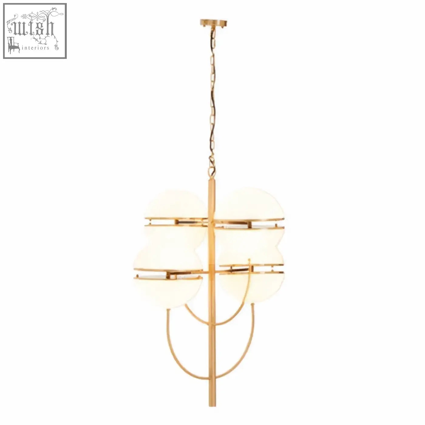Gold-toned four ball brass pendant light with frosted glass shades and a modern geometric design