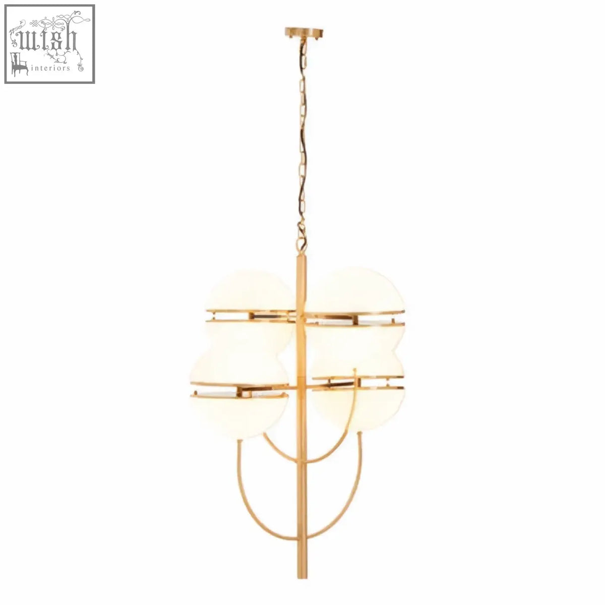 Gold-toned four ball brass pendant light with frosted glass shades and a modern geometric design
