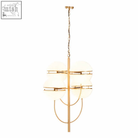 Gold-toned four ball brass pendant light with frosted glass shades and a modern geometric design