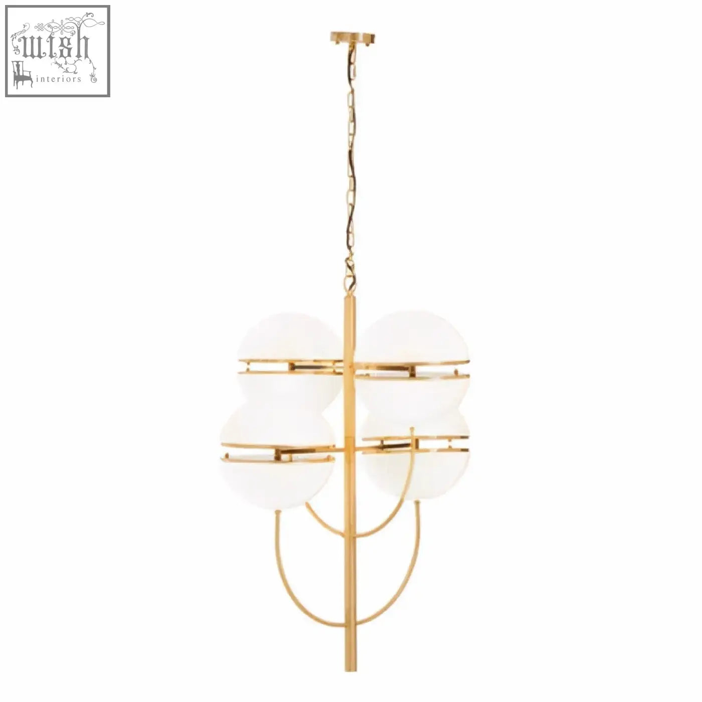 Abira four ball brass pendant light with gold-toned sleek metal arms and frosted glass globes in ball brass style