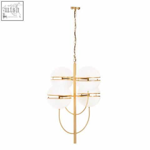 Abira four ball brass pendant light with gold-toned sleek metal arms and frosted glass globes in ball brass style