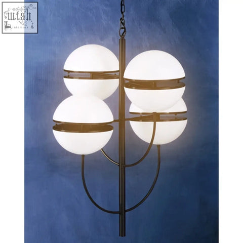 Abira four ball matt black pendant light with four white glass globes and dark metal bands on a black pendant light frame