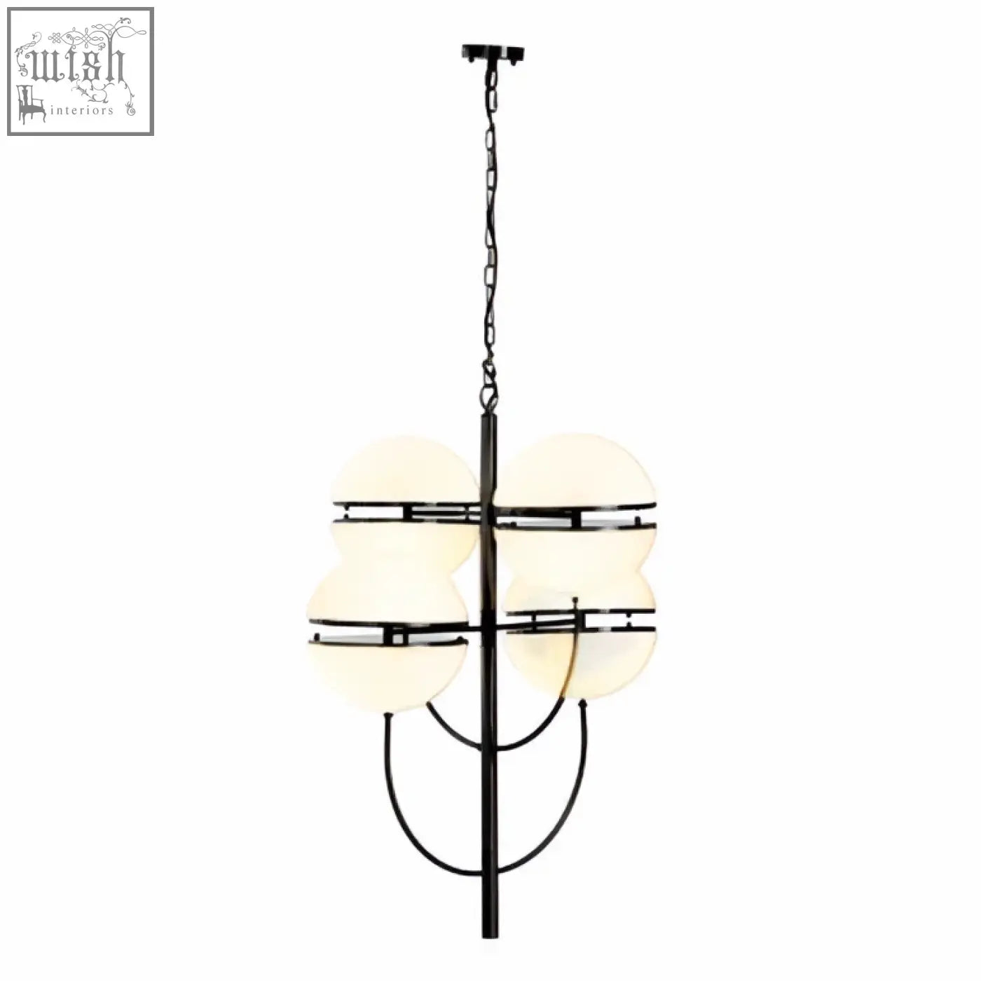 Abira four ball matt black pendant light with black metal chandelier and four frosted glass globe shades in cross pattern