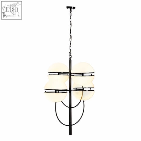 Abira four ball matt black pendant light with black metal chandelier and four frosted glass globe shades in cross pattern