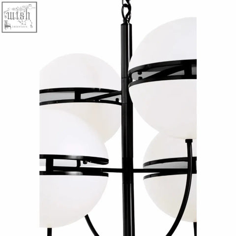 Abira four ball matt black pendant light with black metal frame and frosted white spherical glass shades