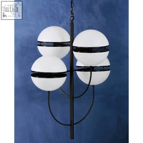 Abira four ball matt black pendant light with four white spherical glass shades and black horizontal bands matt black pendant