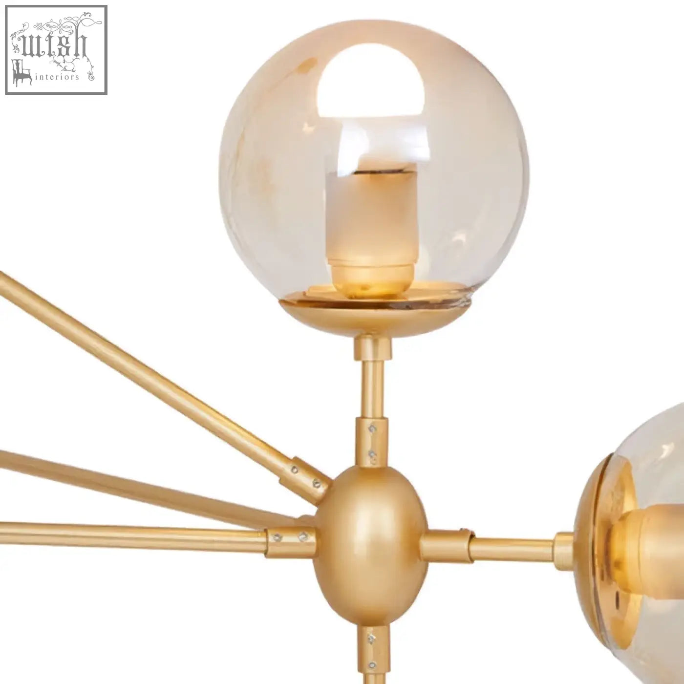 Abira gold 10 arm pendant light with gold-toned frame and spherical amber glass shades arm pendant light