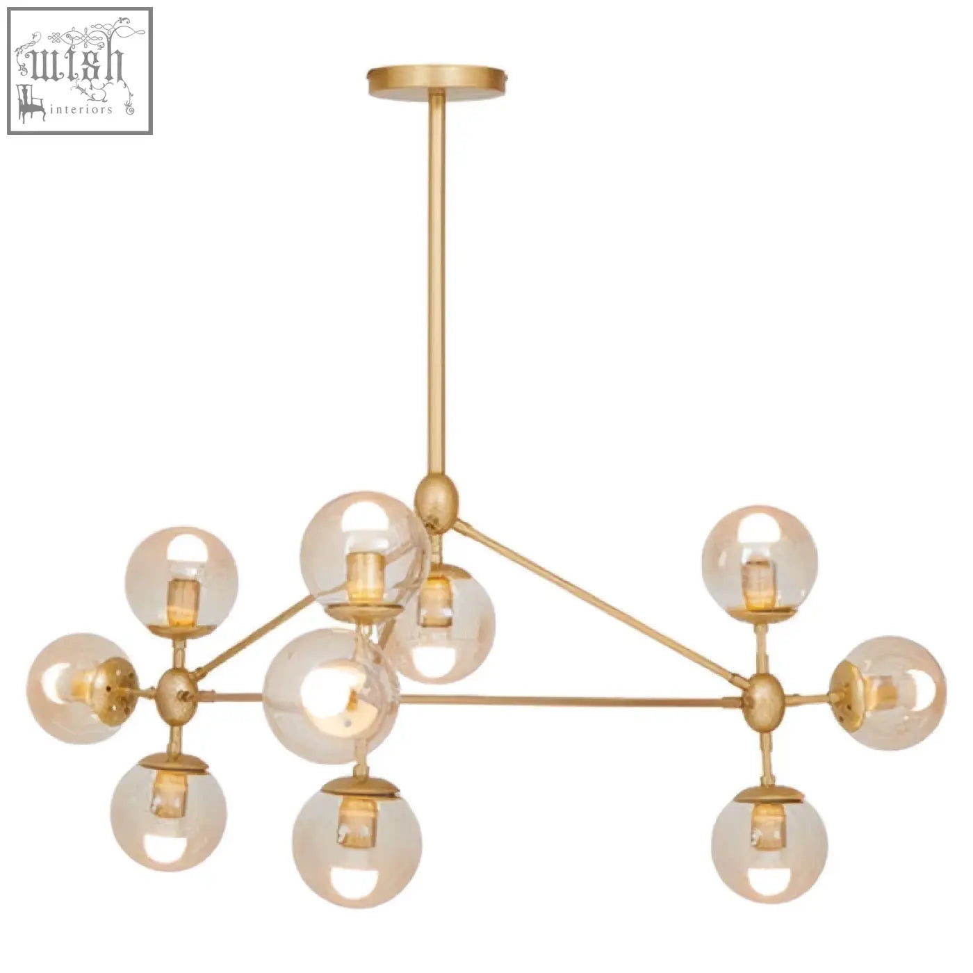Abira gold 10 arm pendant light with gold-toned metal and clear glass globe bulbs in a modern arm pendant design