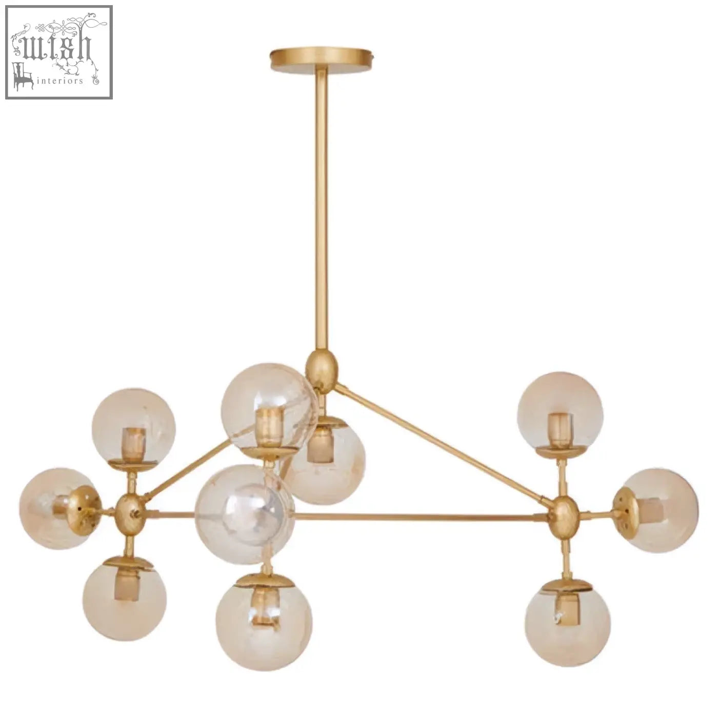 Abira gold 10 arm pendant light with gold tones and spherical glass bulbs in a modern geometric arm pendant design