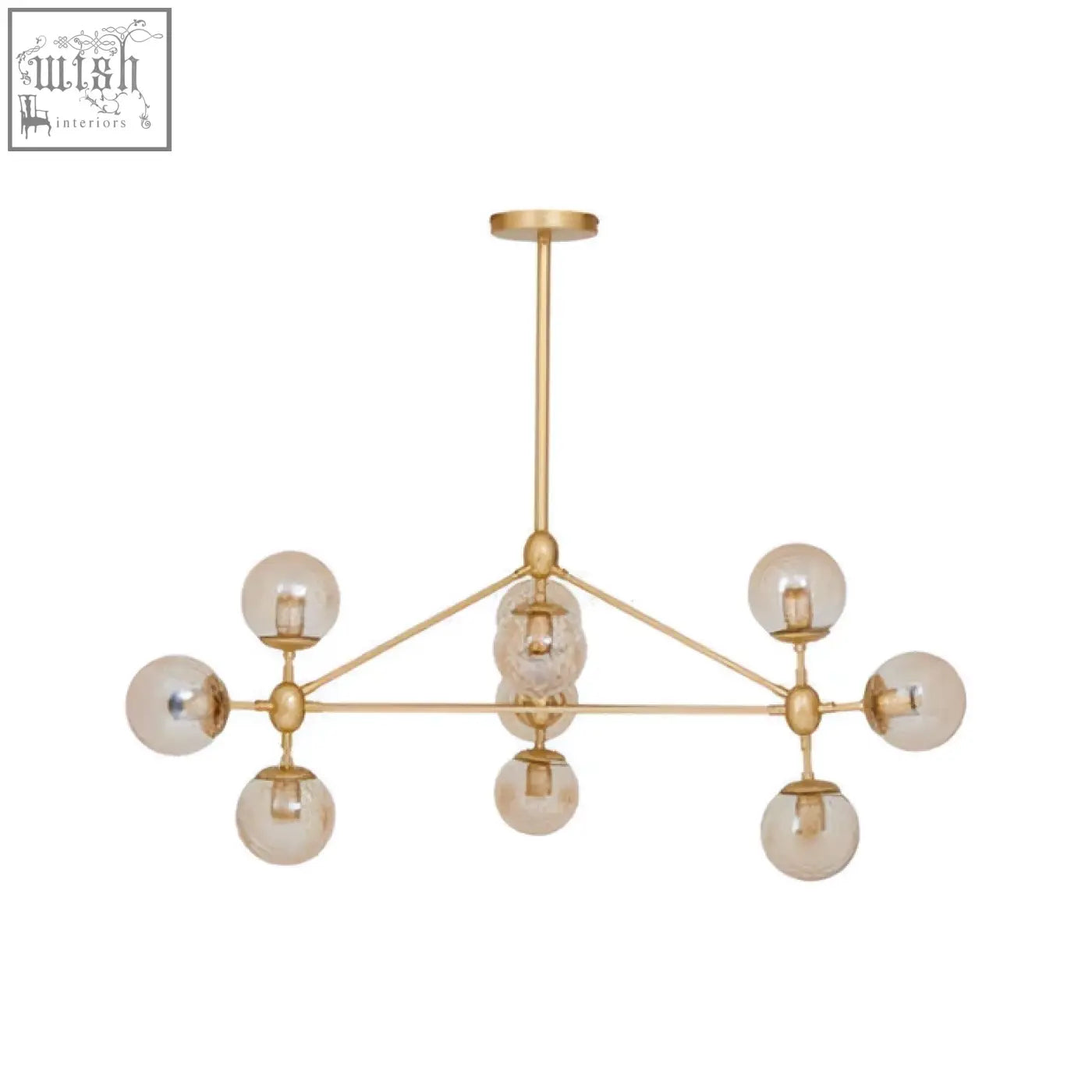 Abira gold 10 arm pendant light with nine spherical glass bulbs in a gold-toned geometric arm pendant design