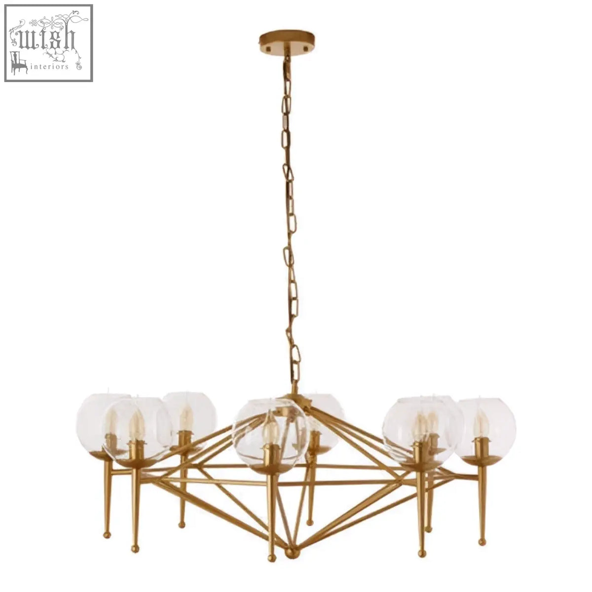 Gold finished abira 8 arm geo pendant lamp with clear glass globe shades and modern geometric design
