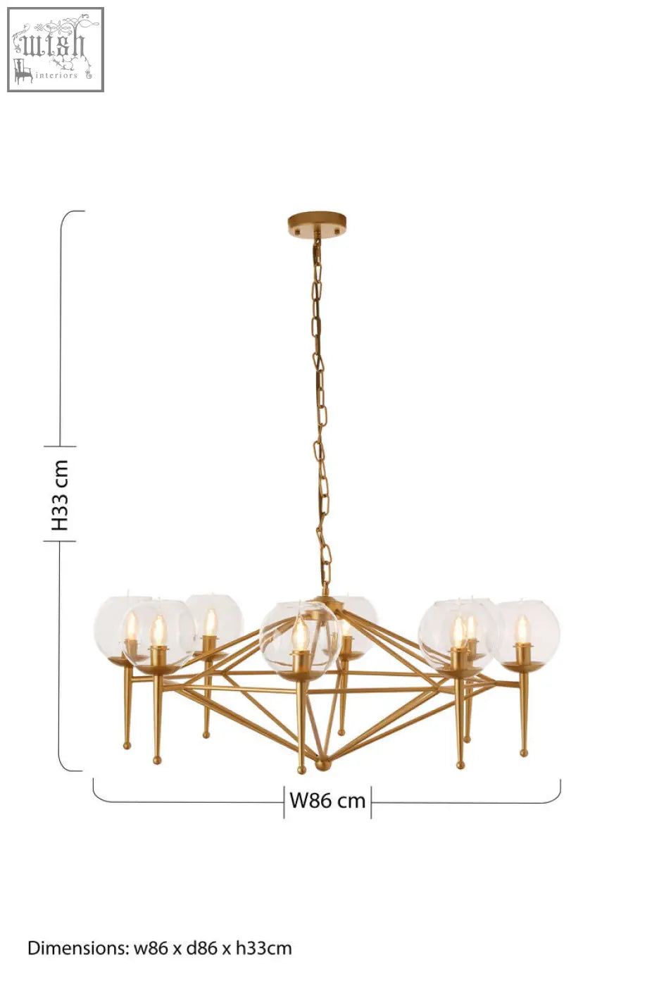 Abira gold 8 arm geo pendant lamp with gold-toned geometric frame and eight clear glass globe shades on chain suspension