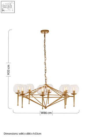 Abira gold 8 arm geo pendant lamp with gold-toned geometric frame and eight clear glass globe shades on chain suspension
