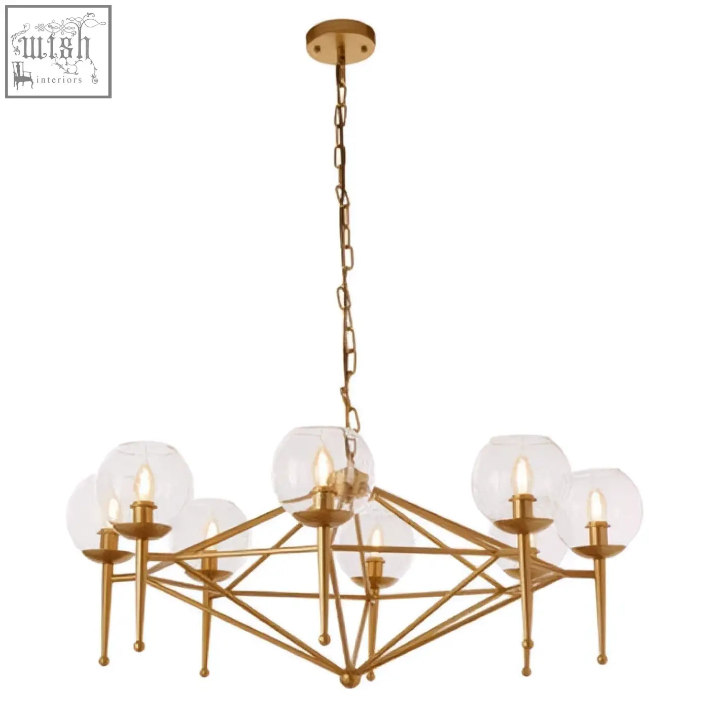 Abira gold 8 arm geo pendant lamp with gold-toned geometric frame and clear glass globe shades arm geo pendant